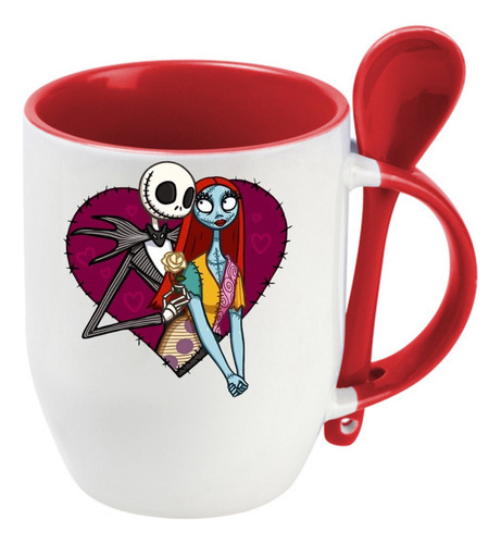 Taza Con Cuchara Jack Y Sally En Corazón Cerámica 320 Ml Rojo Jack Y Sally