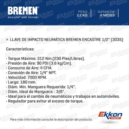 Imagen 2 de 9 de Llave De Impacto Neumática Encastre 1/2 Bremen 312 Nm 3035