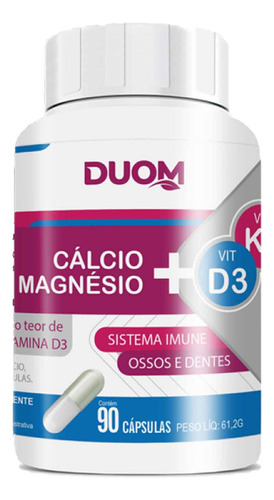 Cálcio + Magnésio + Vitaminas K2 E D3 Com 90 Cápsulas Duom