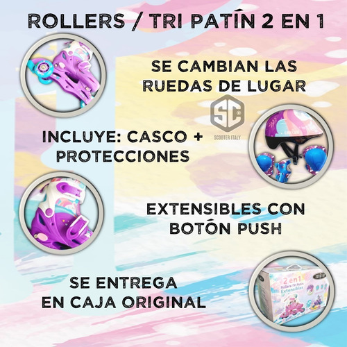 Imagen 3 de 10 de Rollers Patin 2 En 1 Extensibles Unicornio Completo Scooter