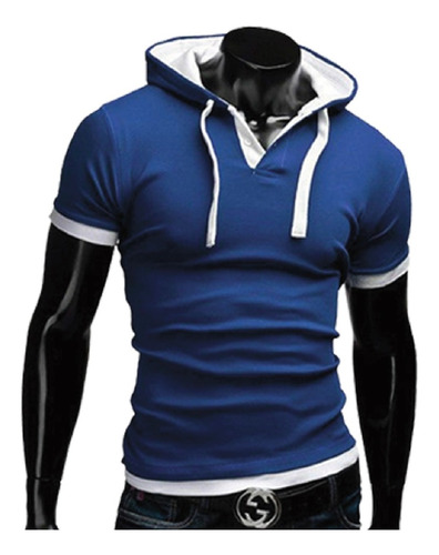 Remera De Hombre Con Capucha - Manga Corta - Azul/blanco.