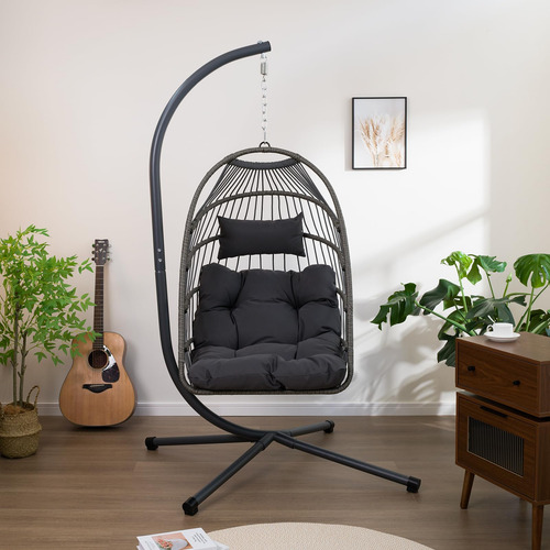 Soporte Colgante Y Cojín Para Silla Columpio De Mimbre Negro