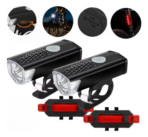 Juego De Faros Delanteros Y Traseros Usb Led Recargables Par