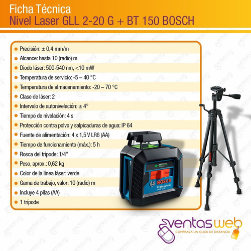 Imagen 7 de 8 de Nivel Laser Verde 360 Bosch Gll2-20 G + Pilas + Tripode