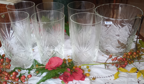 Antiguo Vasos Con Hielera Whisky Cristal Tallado 7 Unid N853