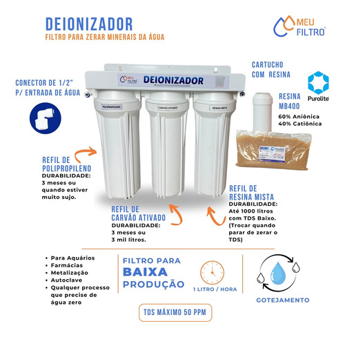 Filtro Deionizador 3 Estágios Para Aquários, Residência Etc