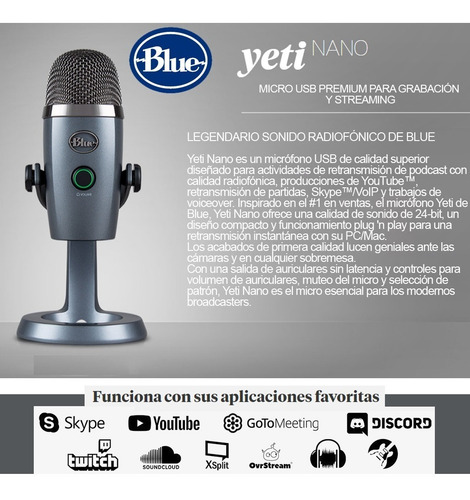 Imagen 7 de 7 de Micrófono Condensador Blue Yeti Nano Estudio Podcast Gray