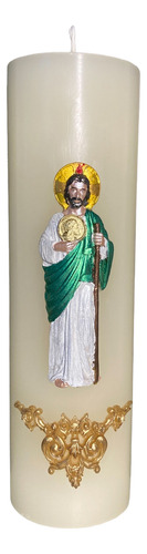 Cirio Artesanal, San Judas Tadeo. En Relieve. 5.7x20cm. Marfil