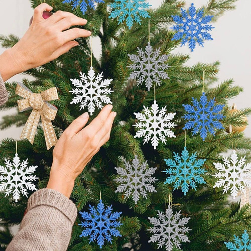 Plata Decoración de Fiesta de Navidad Adornos de Navidad Copos con Brillo Árbol De Navidad Ornamento 24pcs de Adornos Copos de Nieve con Purpurina 