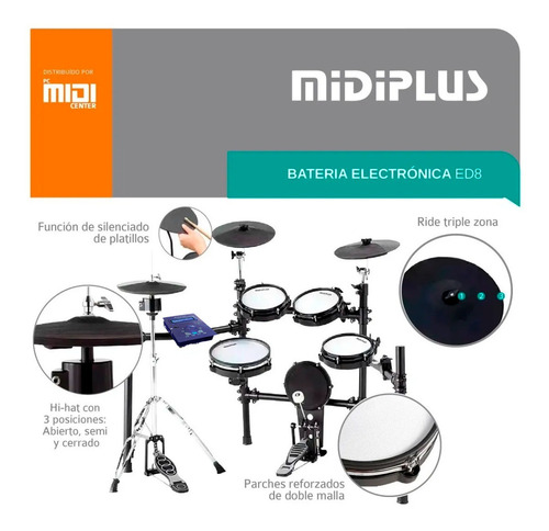 Imagen 4 de 9 de Batería Electrónica Midiplus Ed8 5 Cuerpos 3 Platillos Promo