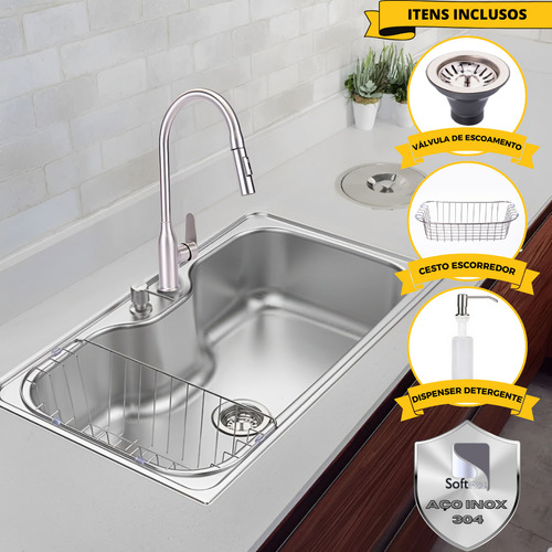 Kit soft inox cuba pia cozinha gourmet aço inox 60x40 con torneira escovada monocomando e acessórios
