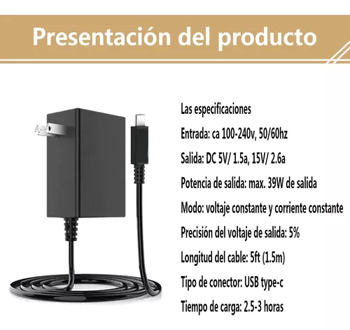 Cargador para Nintendo Switch 15V/2.6A 39W, adaptador de fuente de  alimentación de CA para Nintendo Switch, cargador rápido USB tipo C para  Nintendo