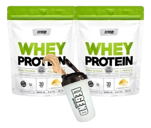 Star Nutrition Whey Protein Proteínas Sabor Banana De 908g Pack X2 + Shaker Legend 600 Ml 