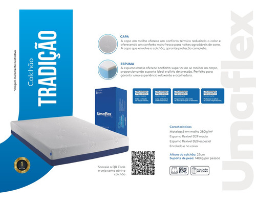 Colchão A Vacuo Umaflex Espuma Tradição Solteiro 88x188x25cm