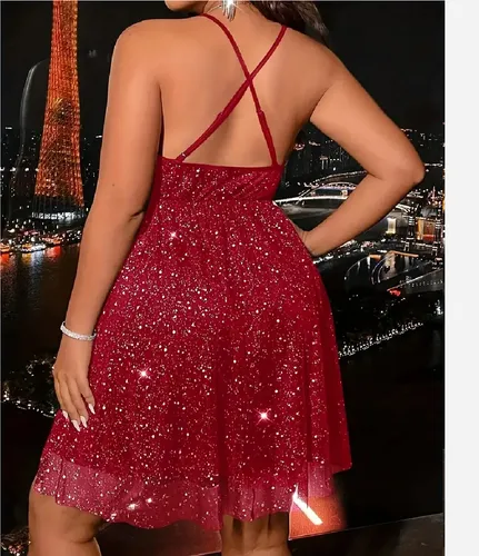 Vestido Fiesta Gasa Roja Puntos Plata Xl Y 4xl Grande