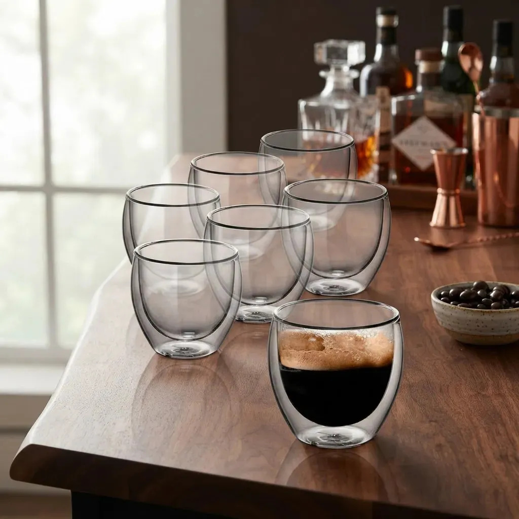 Kit 6 Copos Vidro Borossilicato Parede Dupla 250ml Expresso Transparente Para Café Expresso Bebidas Quentes e Mesa Posta