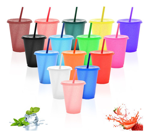 15vasos Mágicos Reutilizables Plástico 16oz C/tapa Y Popote Multicolor