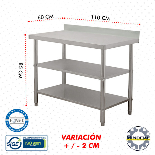 Mesa A Pared 100% Acero Inox 110x60x90 Doble Color Gris