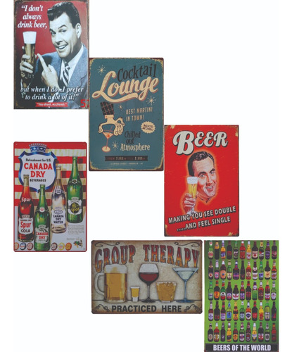 Chapas X6 Vintage Retro, Bebidas, Alcohol, Cervezas 20x30cm