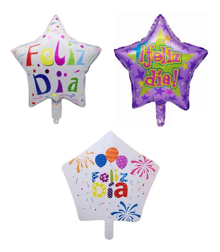 50 Globos Metálicos Sin Varillas Feliz Día Estrellas 45cm