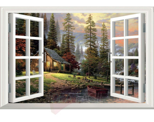 Vinilo Ventana Cabaña Bosque Lago Vps2  150x100