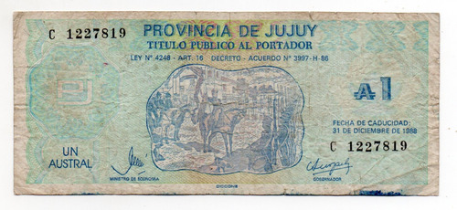 Bono Emergencia Provincia De Jujuy 1 Austral Año 1986 Ec#112