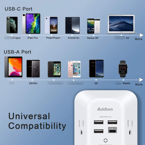 Cargador De Pared Usb Con 5 Tomas Y 4 Puertos De Carga
