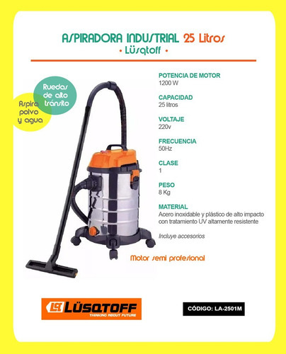 Aspiradora De tacho Lüsqtoff LA-2501M 25L plateada, naranja y negra 220V 50Hz