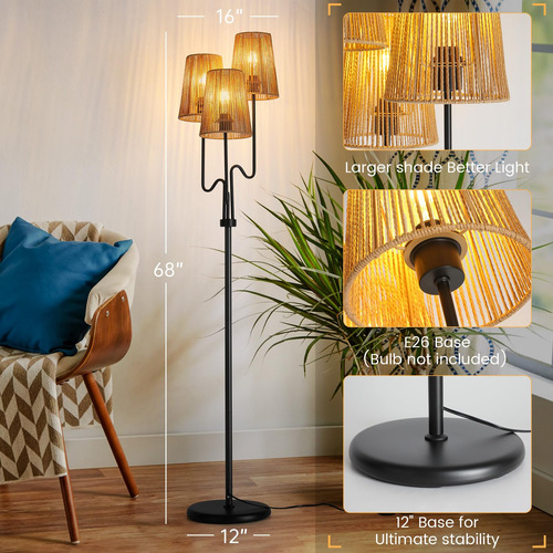 Lámpara De Pie Zenglimmer Boho Rattan De 173 Cm Con 3 Luces,