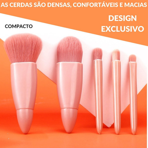 Mini Brush Kit 5 Pinceis com Espelho Portátil Nécessaire Viagem Cor Rosa