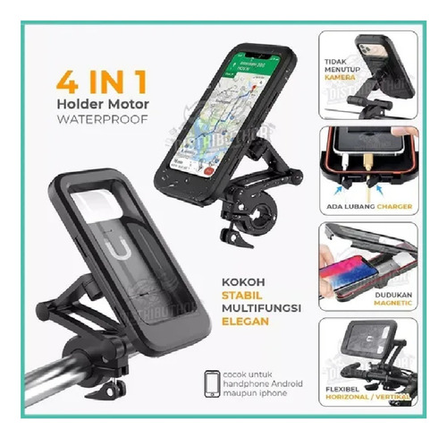 Soporte Celu Moto Bici Funda 360°+ Visor Trasero Impermeable Negro Lisa