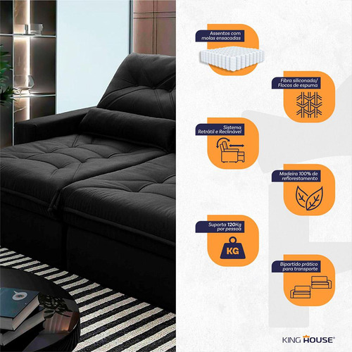 Sofá Retrátil Reclinável Sevilha 3,00m Suede Preto C/ Molas