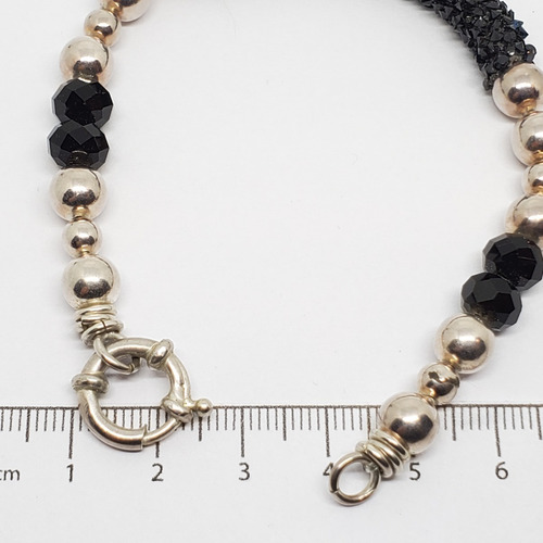 Imagen 5 de 6 de Pulsera Plata Cristal Swa Negro Y Bolitas De Onix X 20 Cm