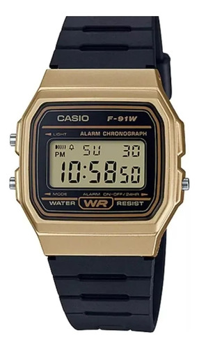 Reloj Pulsera Casio Collection F-91wg-9qdf-sc De Cuerpo Color Dorado, Digital, Para Hombre, Fondo Dorado, Con Correa De Resina Color Negro, Dial Negro, Minutero/segundero Negro, Bisel Color Negro Y He