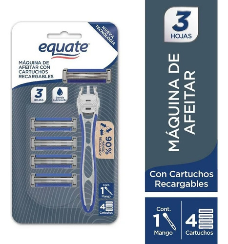 2 Pza Rastrillo D Afeitar Equate Con 4 Cartuchos Recargables