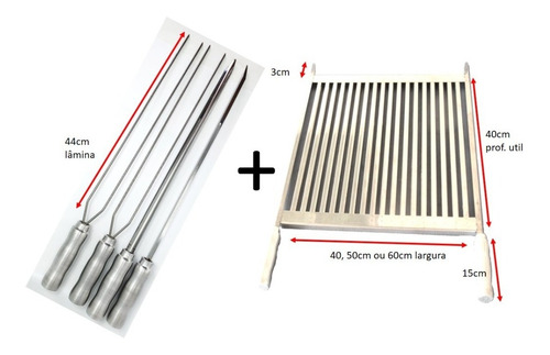 Grelha Uruguaia Parrilha Profundid 40cm + 4 Espetos 44cm Lam