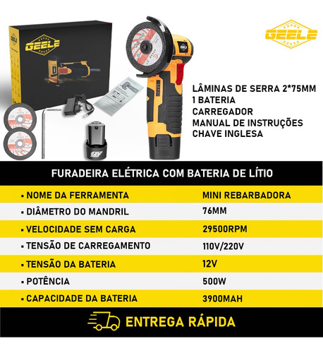 Esmerilhadeira Lixadeira 76mm 12v Angular S/fio 1 Baterias