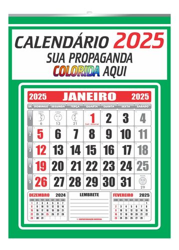 Folhinha Calendário 2025 Personalizado 27x37 Parede 25 Und