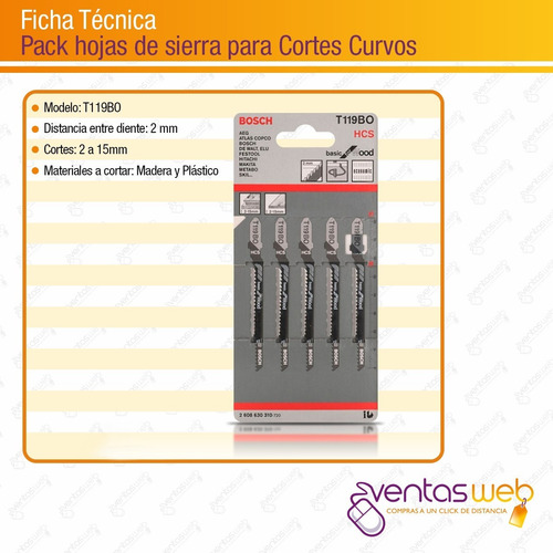 Imagen 5 de 6 de Set 5 Hojas Bosch De Sierra Caladora Vastago T Cortes Curvos