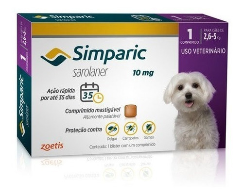 Simparic 10mg 2,6 A 5kg - 1 Comprimido Antipulgas - Promoção