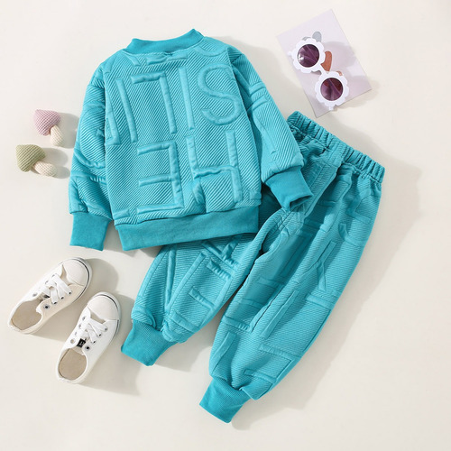 Conjunto De Sudadera Con Tela Acanalado Y Estampado De Letra Turquesa 3-4 A