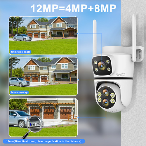 Ojo® Cámara de seguridad De Pantalla doble de triple lente con Resolución de 12MP Zoom Óptico 10x+Zoom digital 10x