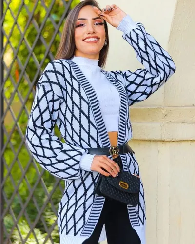 Casaco Feminino Cardigan Longo Trico Tricot Grosso Losango