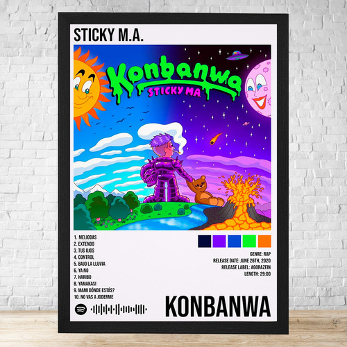 Cuadro Sticky M.a. Konbanwa 30x40 Con Vidrio Y Marco C187 Negro Clasico