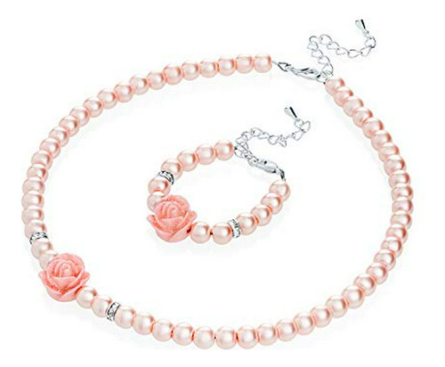 Conjunto Niña Flores Perlas Rosadas: Collar Y Pulsera.