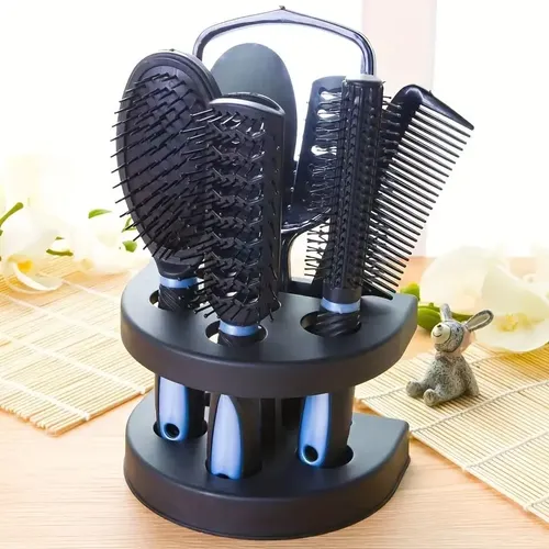 Kit 5 Escovas E Pentes De Cabelo Com Suporte Vermelho Azul