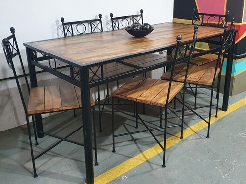 Imagen 2 de 7 de Mesa Industrial Hierro Forjado Y Madera 160x80 + 6 Sillas