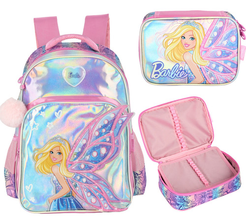 Mochila Barbie E Estojo Fada Holográfico Rosa - Luxcel