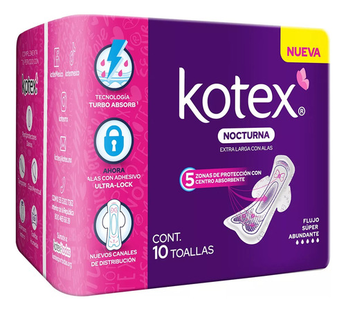 Toallas Femeninas Kotex Rosa Nocturna 10 Piezas