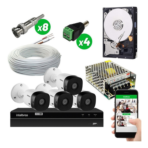 Imagem 1 de 6 de Kit Cftv Intelbras 4 Câmeras Vhl 1120b Hd 720p Dvr Mhdx1104